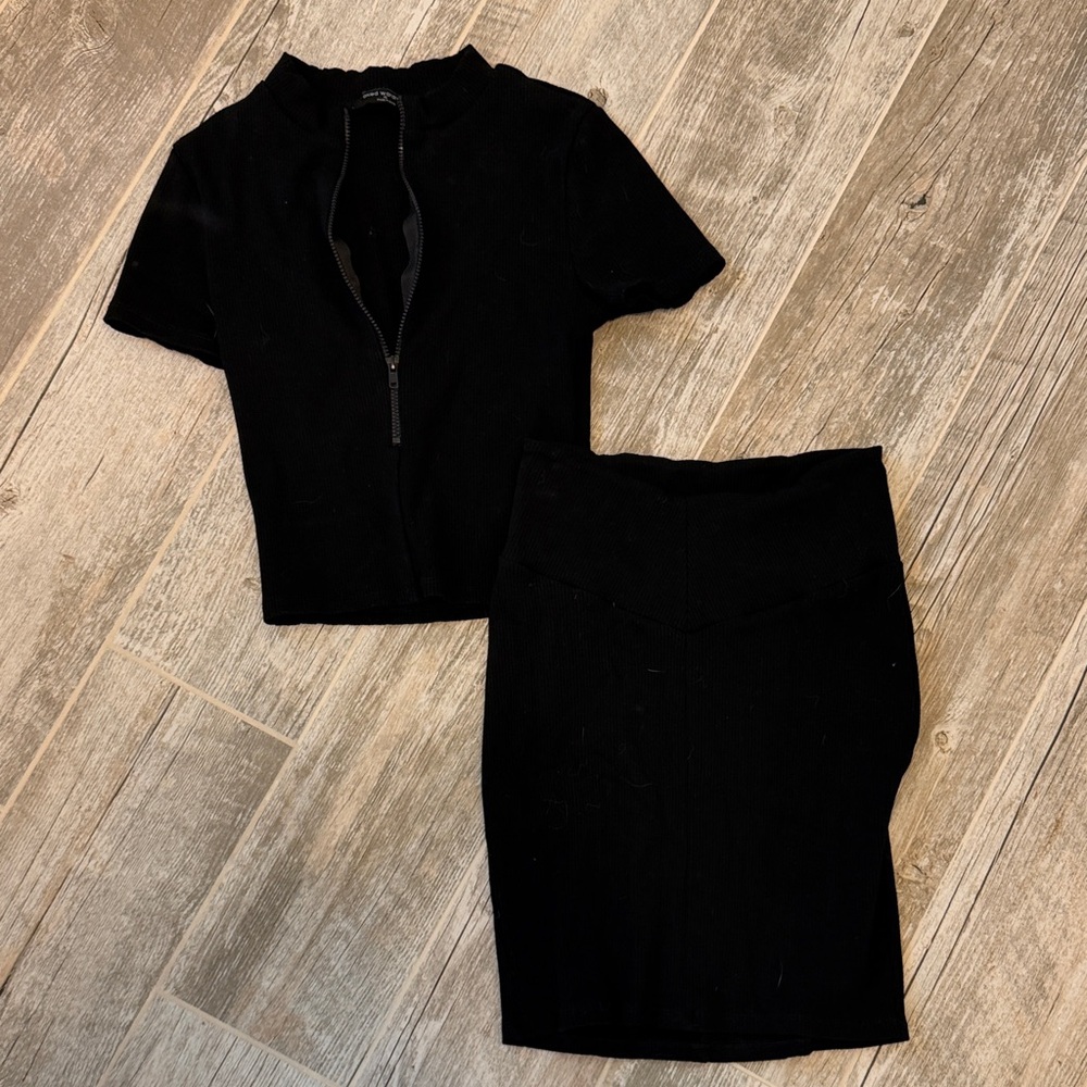 Elegant Black Women's ribbed mini Skirt Set
